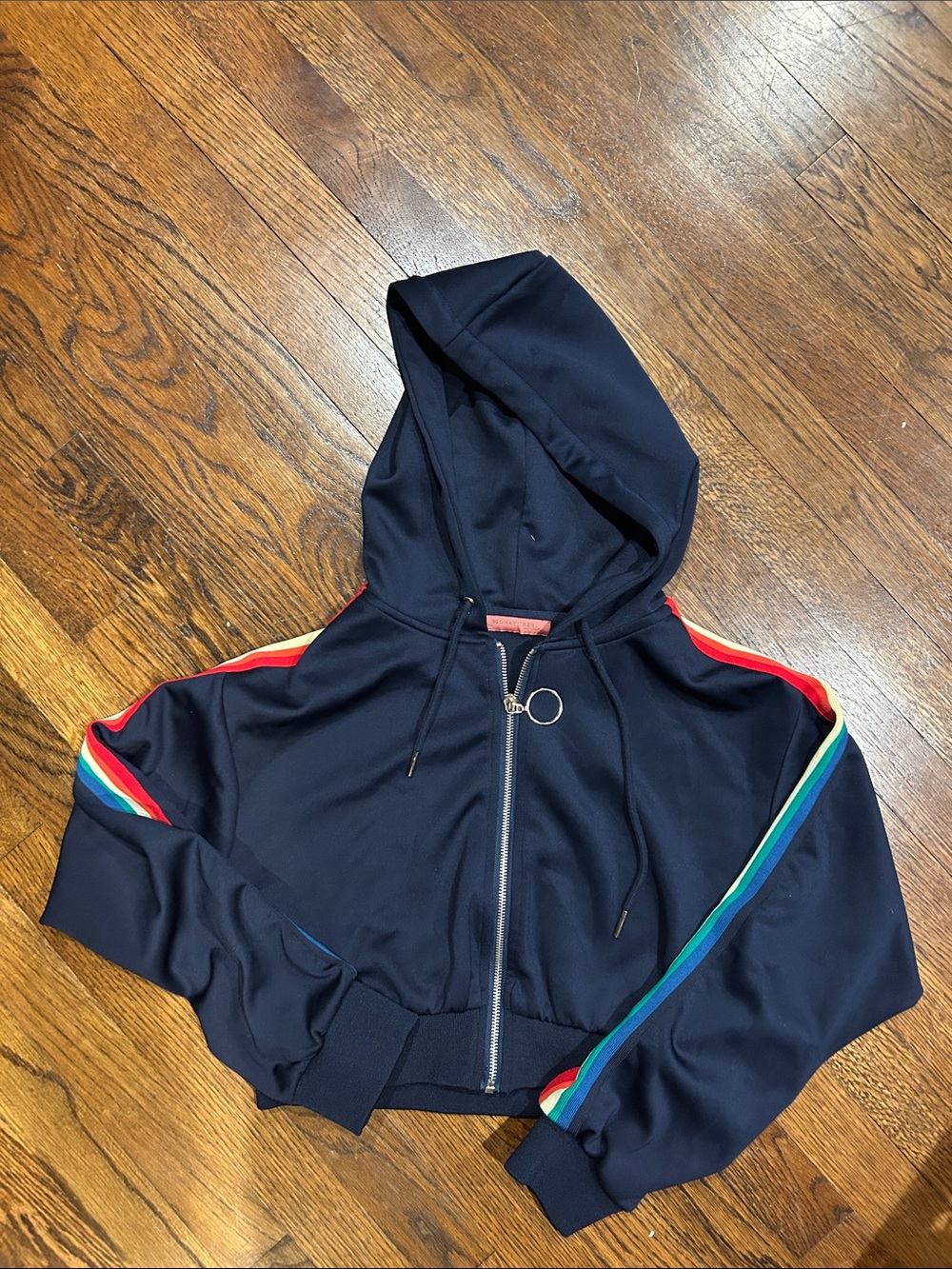 Signature8 Navy Zip Hoodie with Rainbow Sleeve Stripes